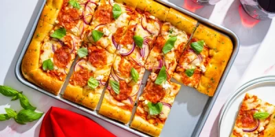 Mediterranean Pan Pizza with Red Pepper Pizza Sauce recipe