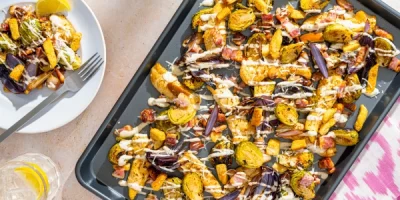 Roasted Brussels Sprouts and Chicken Caesar Sheet Pan recipe